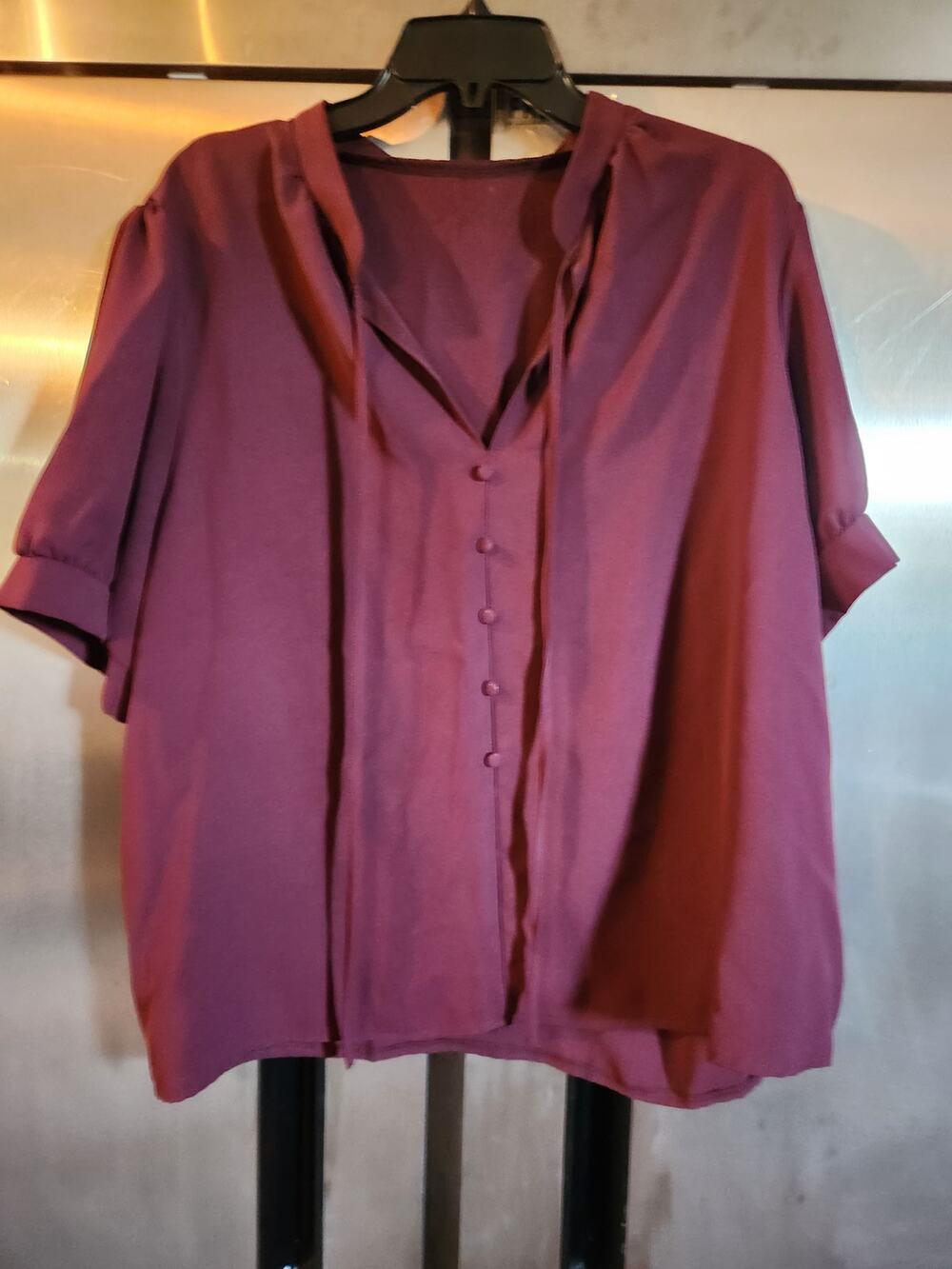 Shein Curve Burgundy Tie Neck Button Front Cuffed Sleeve Top Size 2XL